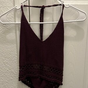 Crochet-Hem V-Neck Tank Top - Deep Wine